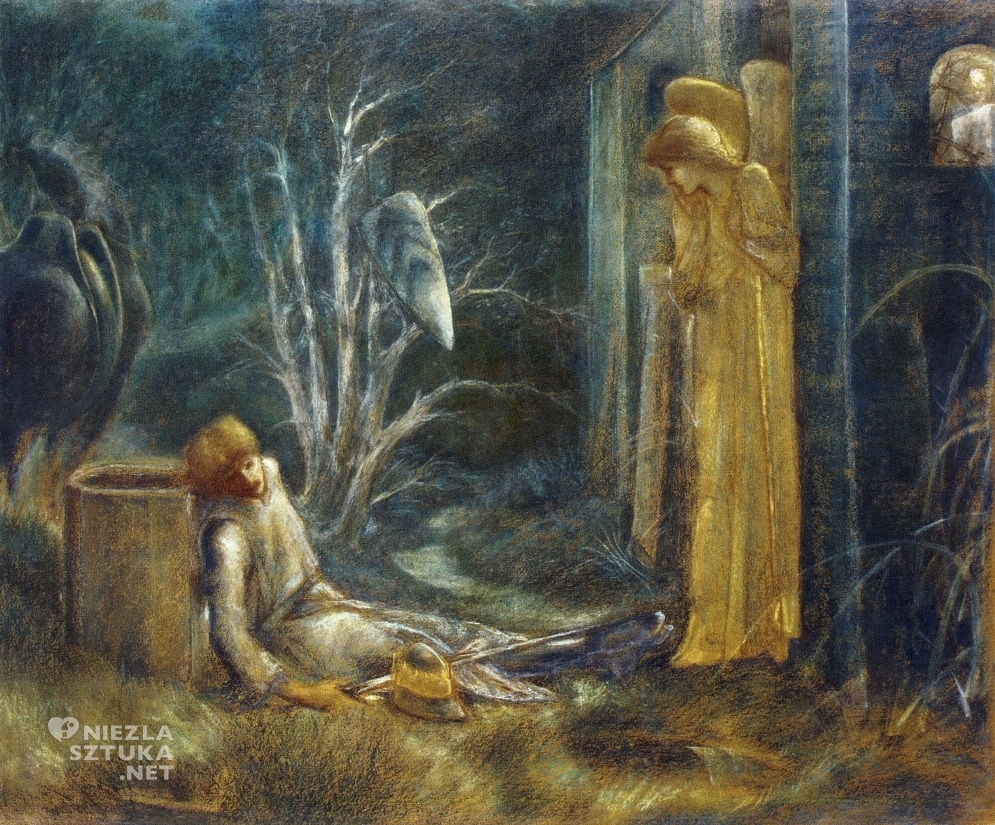 Sir Edward Coley Burne-Jones, Sir Lancelot przed kaplicą Świętego Graala prerafaelici malarstwo sztuka XIX wieku