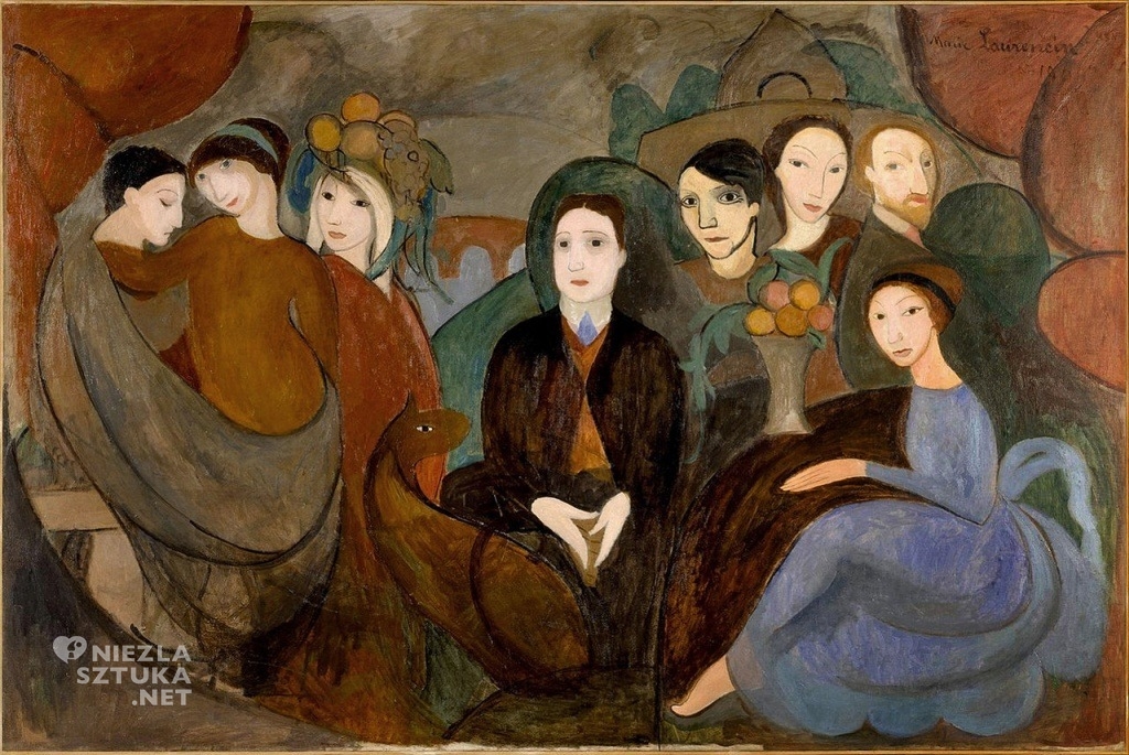 Marie Laurencin Krąg przyjaciół | 1909, (Apollinaire wśród przyjaciół – poeta widoczny pośrodku, tuż obok niego po prawej Picasso, malarka po prawej stronie obrazu, po lewej stronie widoczna Gertruda Stein, która kupiła to płótno do swojej kolekcji)